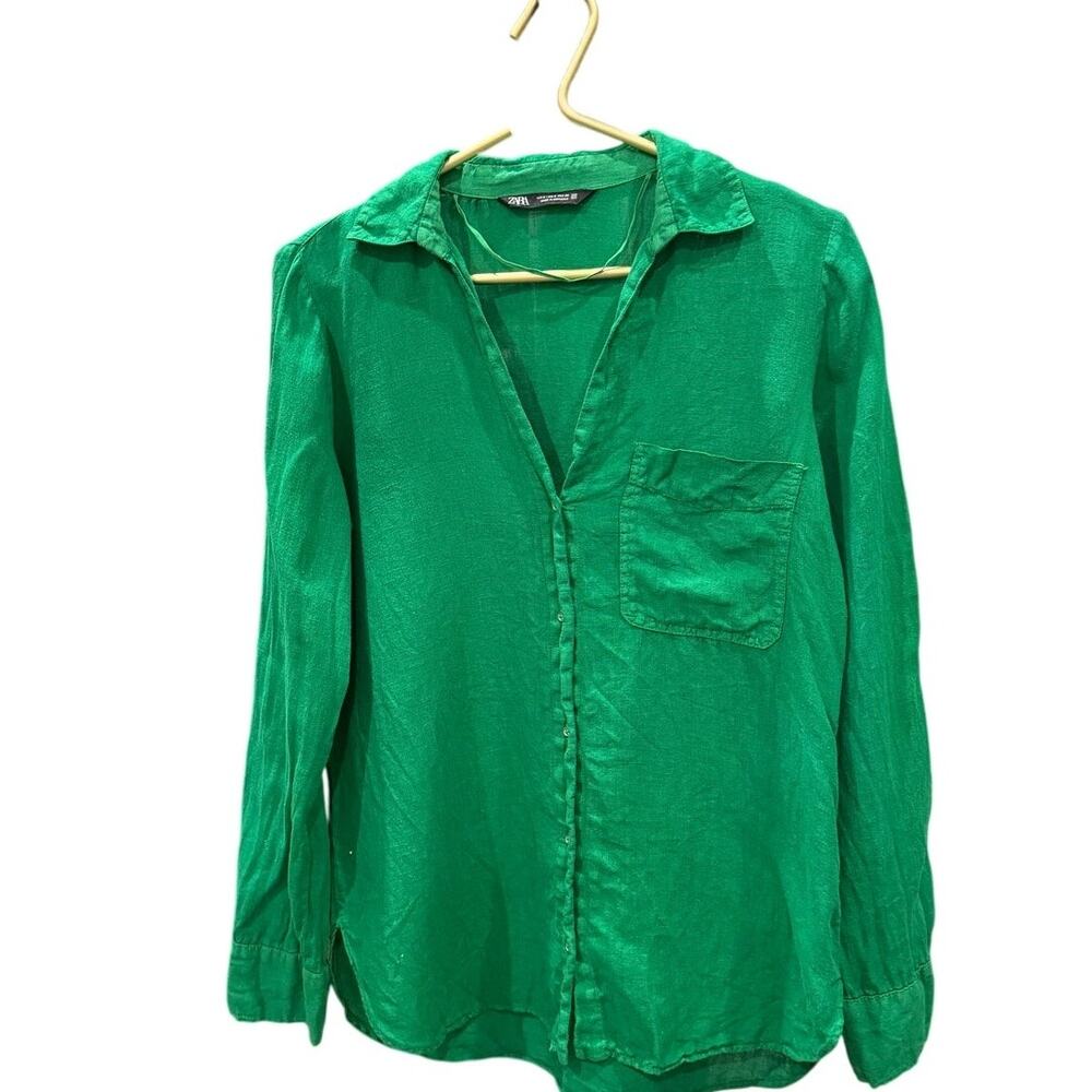 ZARA Emerald Green Linen Blend Gold Button Roll Up Tab Shirt Top S EUC - Picture 2 of 8